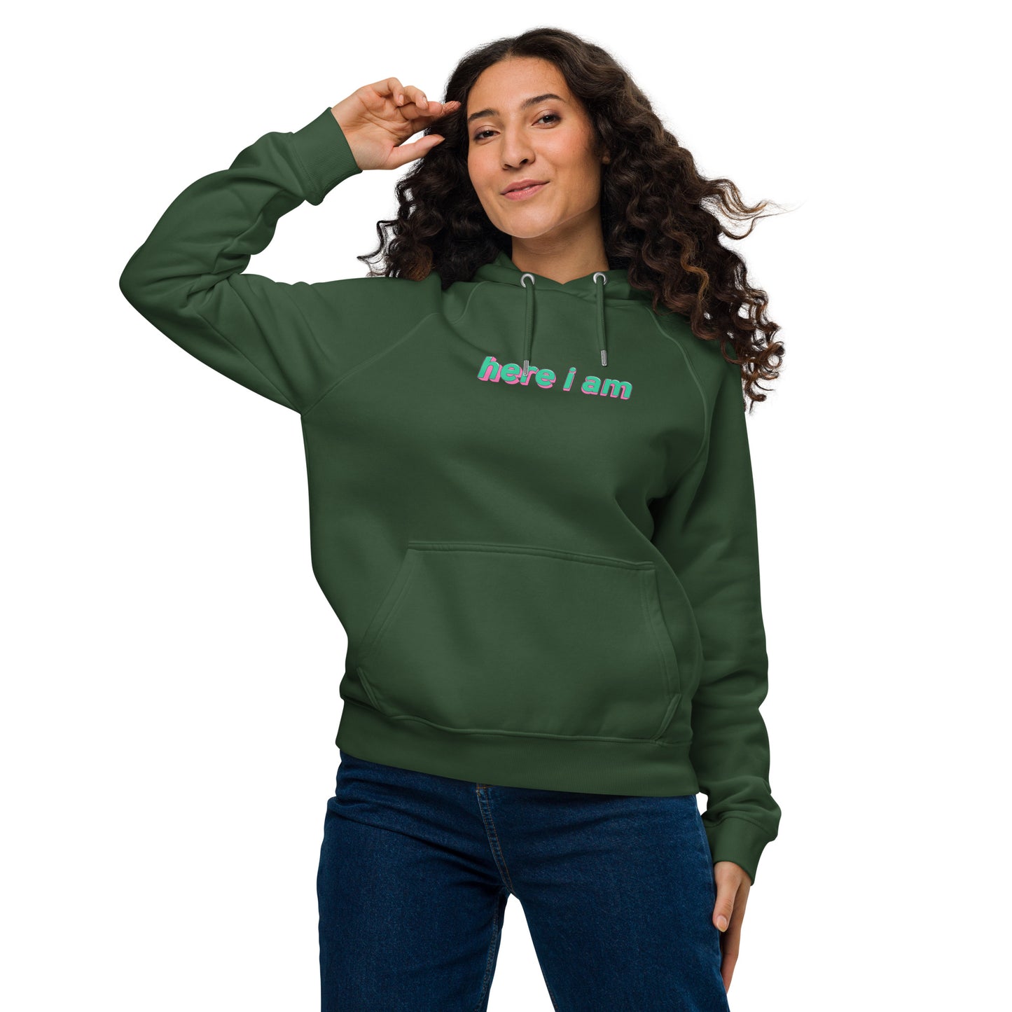 Here I Am Unisex Eco Raglan Hoodie