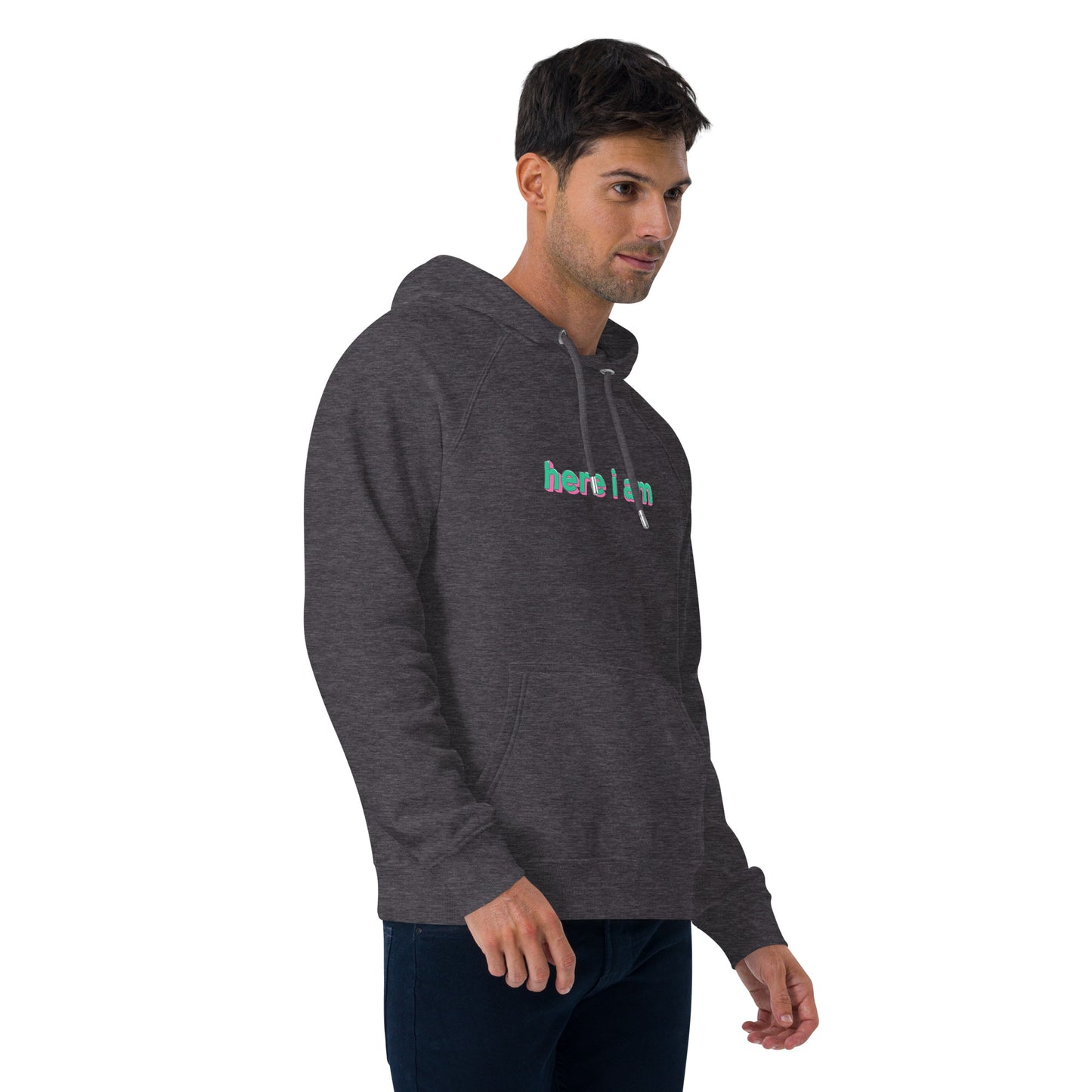 Here I Am Unisex Eco Raglan Hoodie