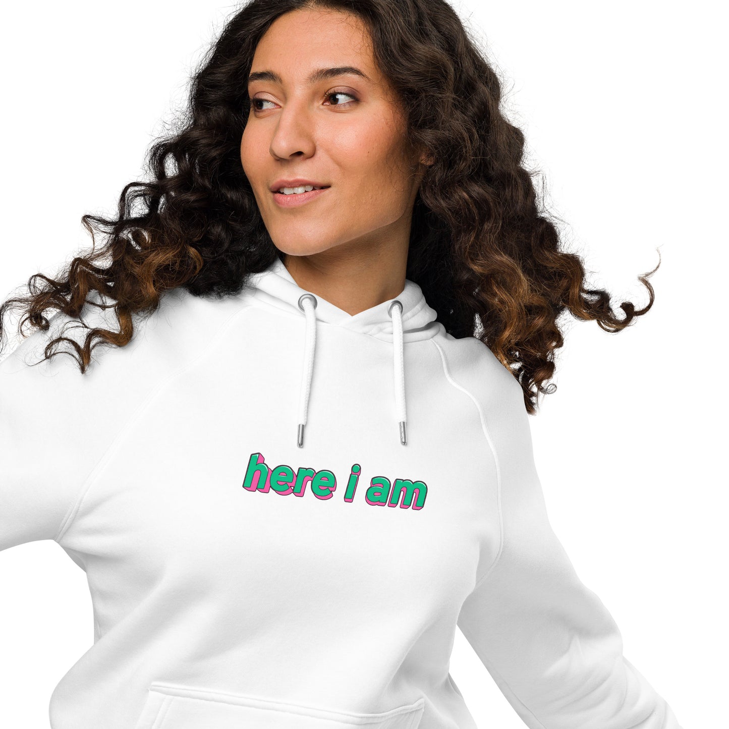 Here I Am Unisex Eco Raglan Hoodie