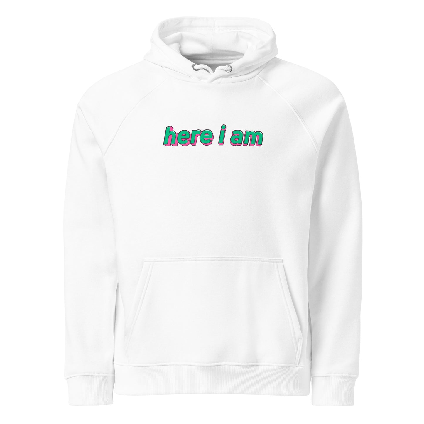 Here I Am Unisex Eco Raglan Hoodie