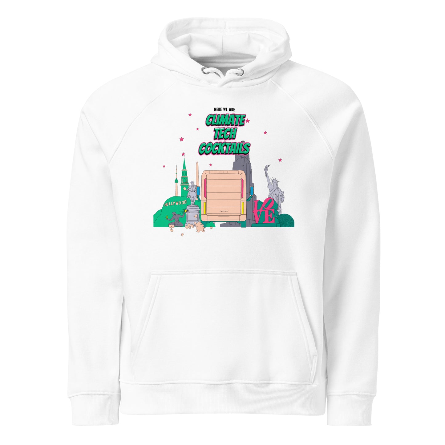 Here We Are Unisex Eco Raglan Hoodie